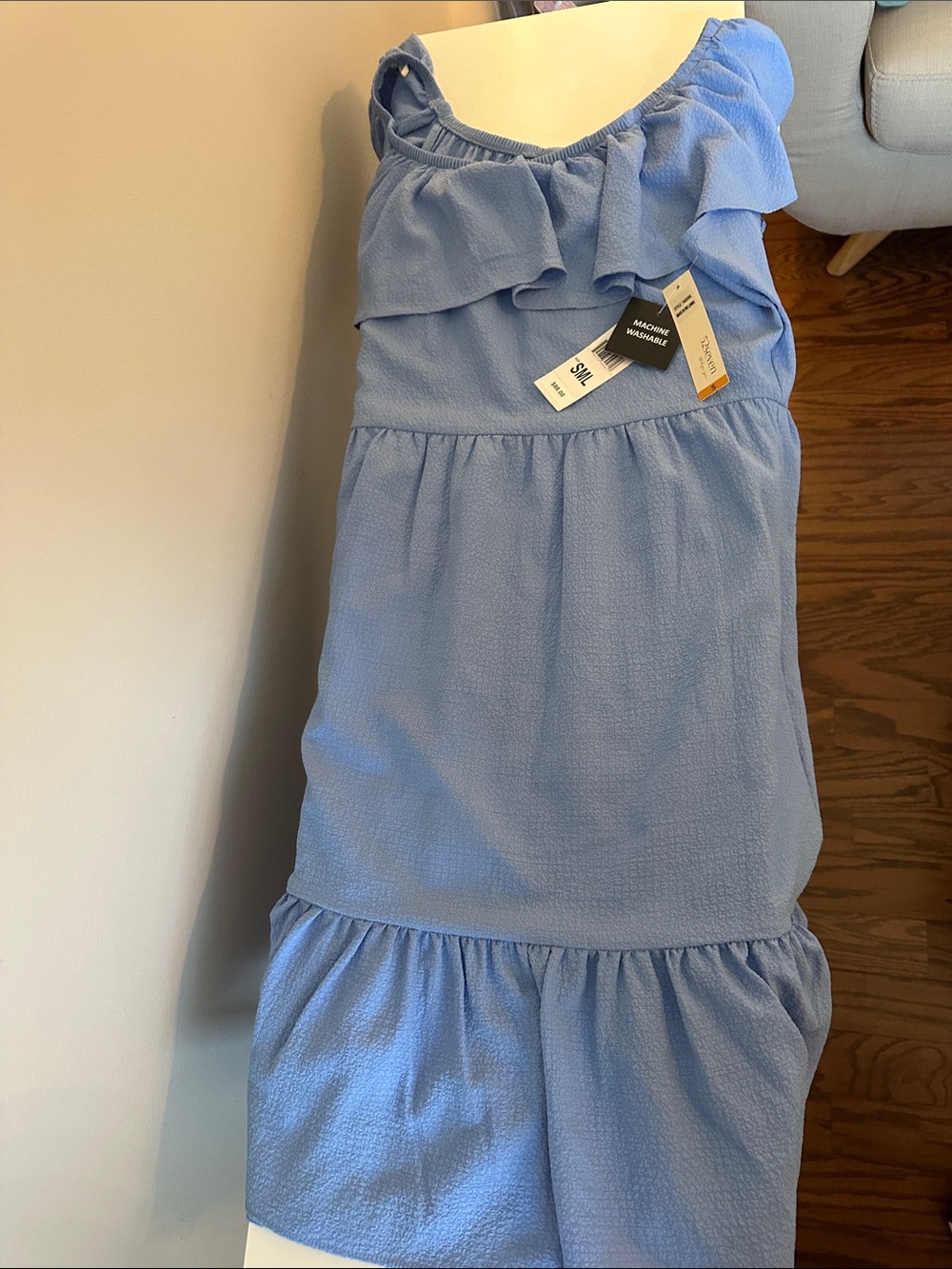 Light Blue One-Shoulder Ruffle Tiered Casual Dress